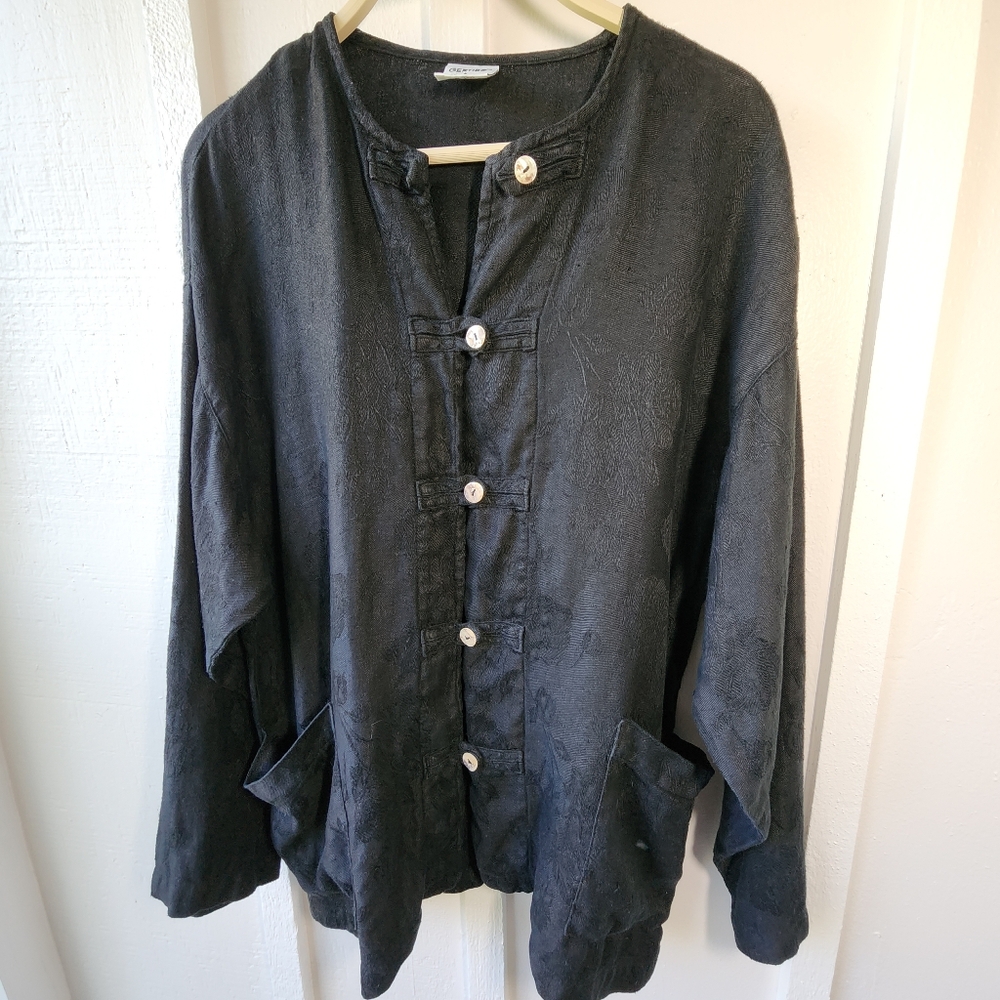 GERTIES Linen Floral Textured Black Jacket Front Pockets Boho Size Small